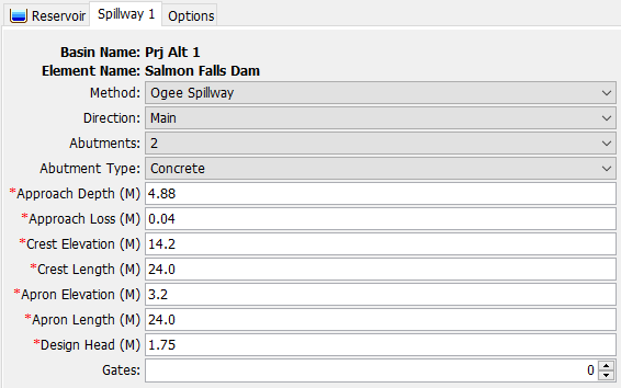 Spillway Component Editor with the Ogee Method selected