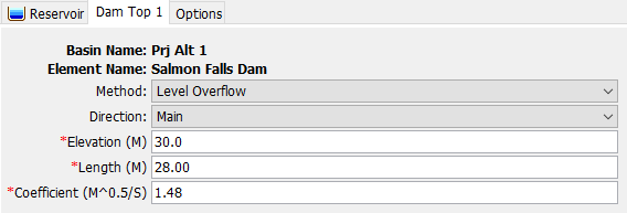 Dam Top Component Editor with the Level Overflow Method selected