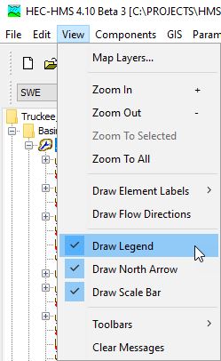 Draw Legend, Draw North Arrow, and Draw Scale Bar View Menu Options