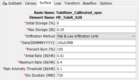 Dynamic Surface component editor with the Pak and Lee Infiltration Limit method selected