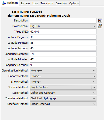 The Surface Method is selected in the Subbasin Component editor