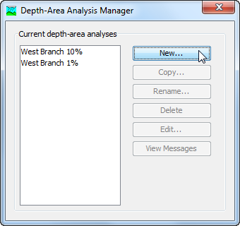 Beginning the process of creating a new Depth-Area Analysis using the Depth-Area Analysis Manager