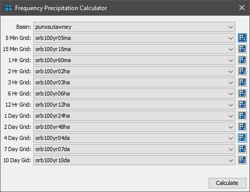 Selecting grids for each duration in the Frequency Precipitation Calculator.