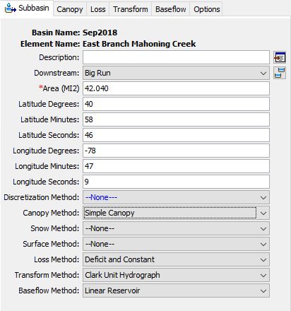 The Canopy Method is selected in the Subbasin Component editor