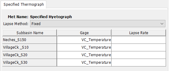 Selecting a temperature gage for each subbasin. The Lapse Rate Adjustment Method is optional.