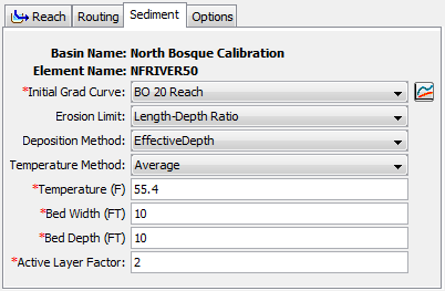 Uniform Equilibrium Sediment Method Editor at a reach element