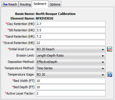 Linear Reservoir Sediment Method Editor at a reach element