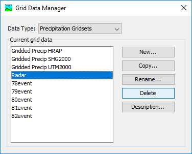 Preparing to delete a precipitation gridset from the Grid Data Manager