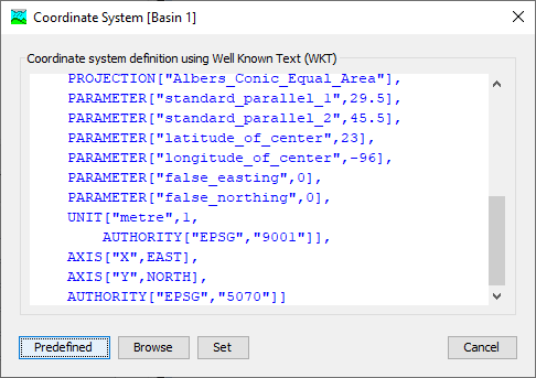 Coordinate system specification in the definition text field.