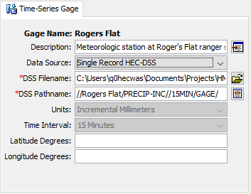 Component editor for a precipitation Gage retrieving data from a Data Storage System (HEC-DSS) file