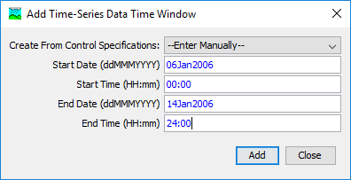 Creating a new time window for a gage, beginning from the Time-Series Data Manager