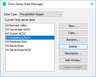Preparing to delete a gage from the Time-Series Data Manager