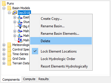 Deleting a Basin Model in the Watershed Explorer