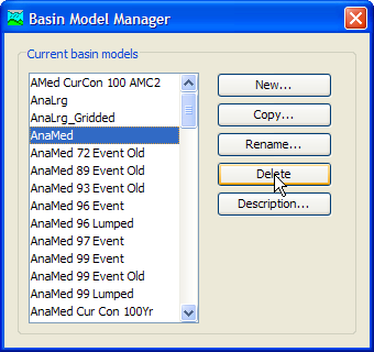 Preparing to delete a Basin Model from the Basin Model Manager
