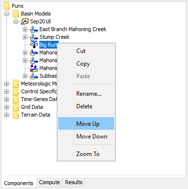 Manually moving an element in the hydrologic order using the right mouse menu