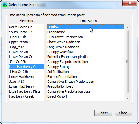 Selecting the outflow time-series from a subbasin element for addition to a result graph at a  computation point