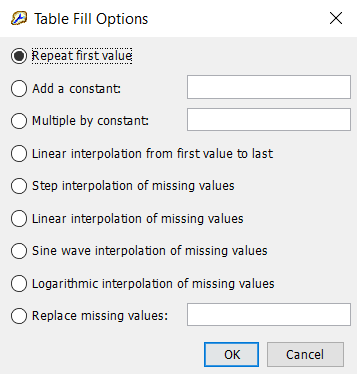 Table Fill Options available when editing data in the Global Editor Table