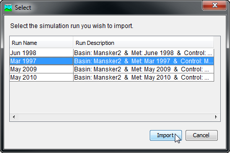 Selecting the Simulation Run to be imported from the source project into the current project