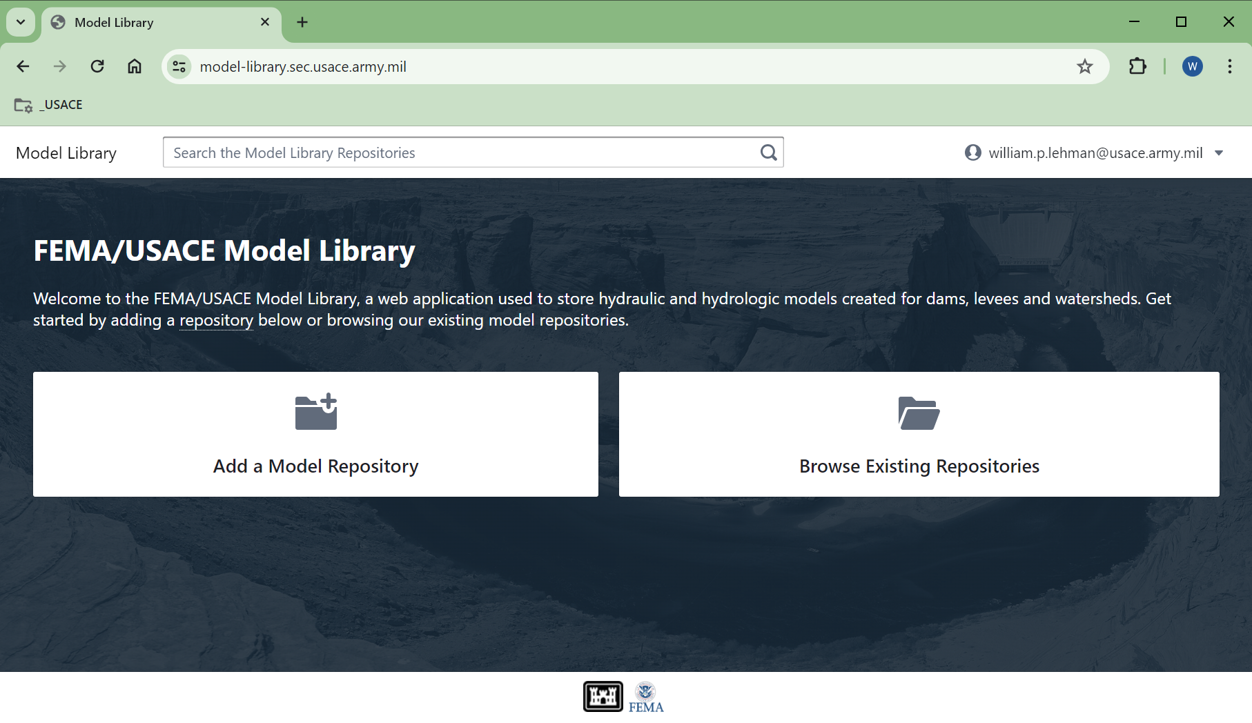Model library splash page provides buttons for adding and browsing model repositories.