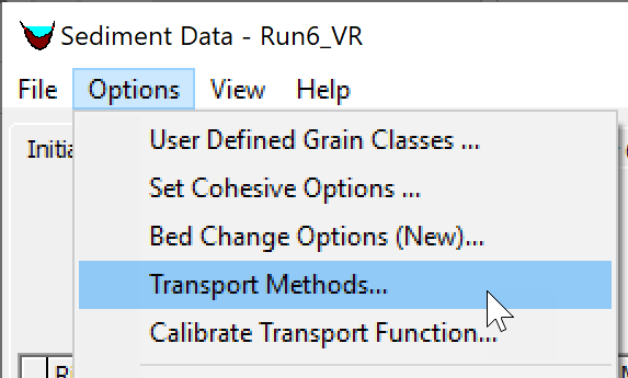 Open the Transport Methods in from the Options menu of the Sediment Data editor.