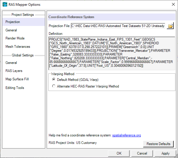 Figure 2-2. Editor to set the RAS project's spatial reference system.