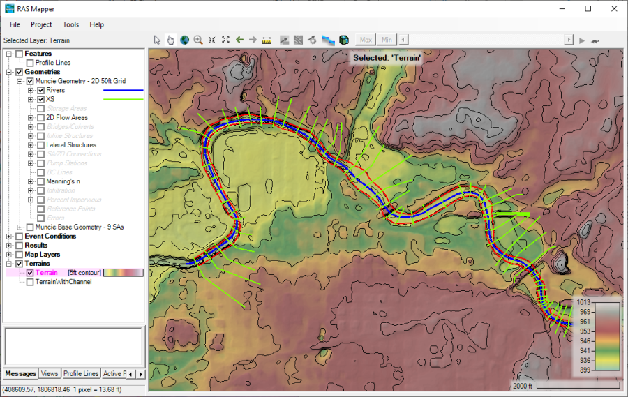 Figure 2-6. Terrain Data with Hill Shading and Contour Lines Turned On.