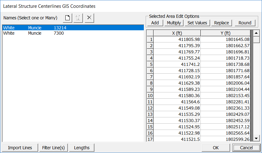 Figure 3-25. Example Lateral Structure Centerlines Table with Geospatial coordinate data for a levee.