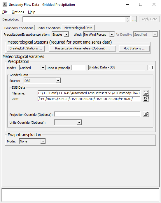 Figure 4-6. Unsteady Flow Data Window with Gridded Precipitation Data from HEC-DSS.