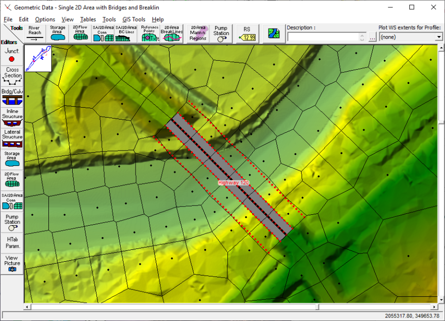 Figure 3-58. Plan view of a Bridge Inside of 2D Flow Area with Four Cross sections shown in red.