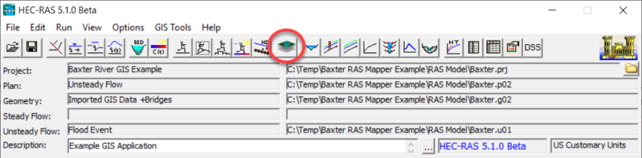 Figure 6-36. HEC-RAS Main Window with HEC-RAS Mapper Button Highlighted.