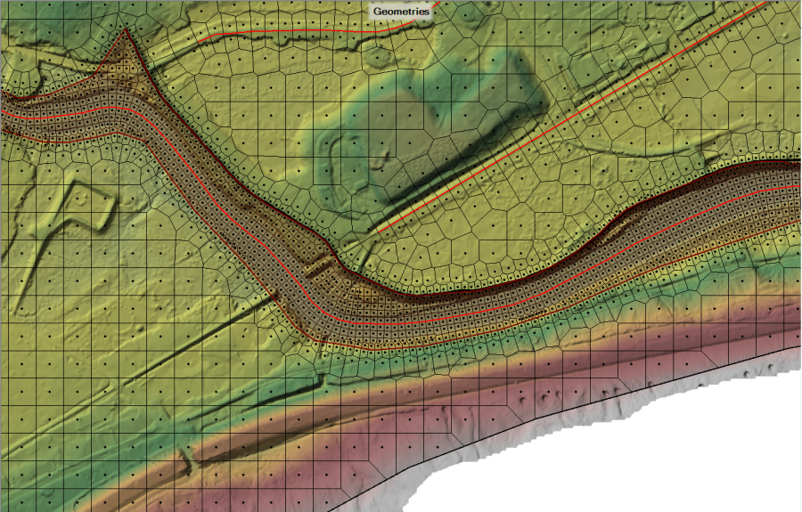 Figure 3-10. Example Refinement Region and Break Line Combination to form a Channel Mesh.