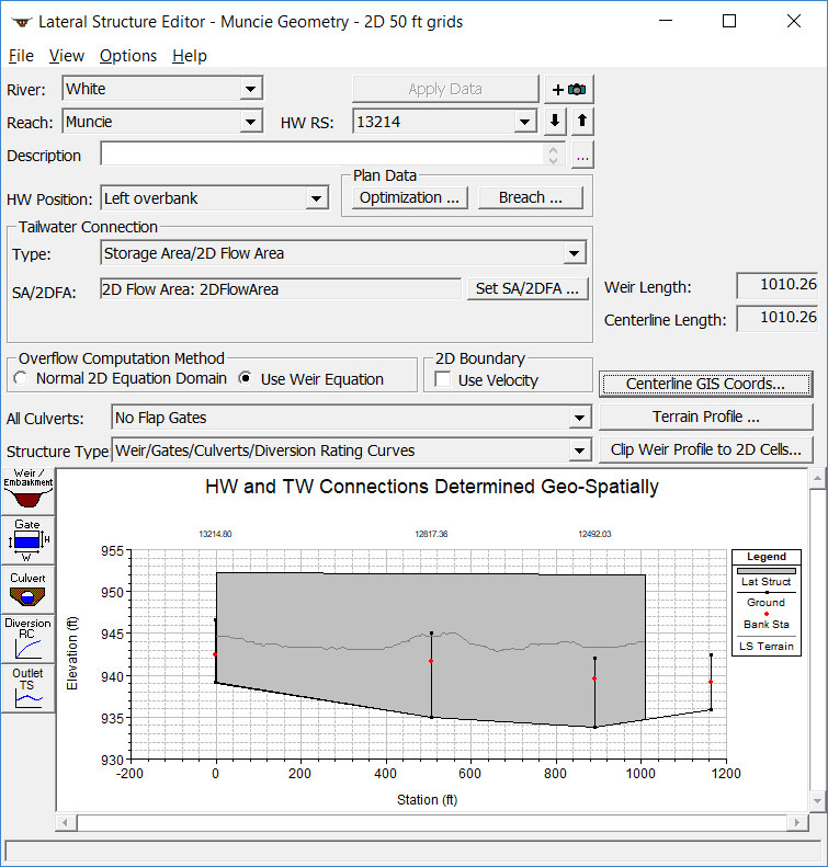 Figure 3-27. Lateral Structure Editor with tailwater connection to a 2D flow area.