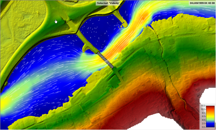 Figure 3-61. Colored Velocity Plot with Particle Tracers through a 2D Bridge.