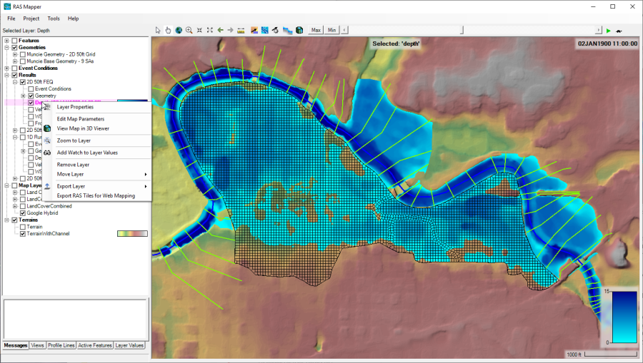 Figure 6-7. RAS Mapper with the Options menu displayed for a depth output layer.