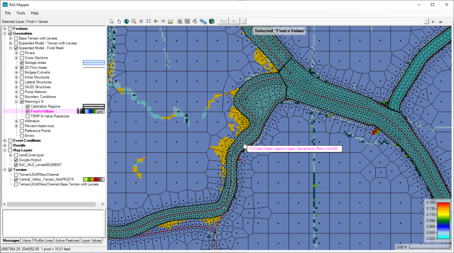 Figure 2-15. Example Land Cover data set and User Defined 2D Area Manning's n value Calibration Regions.