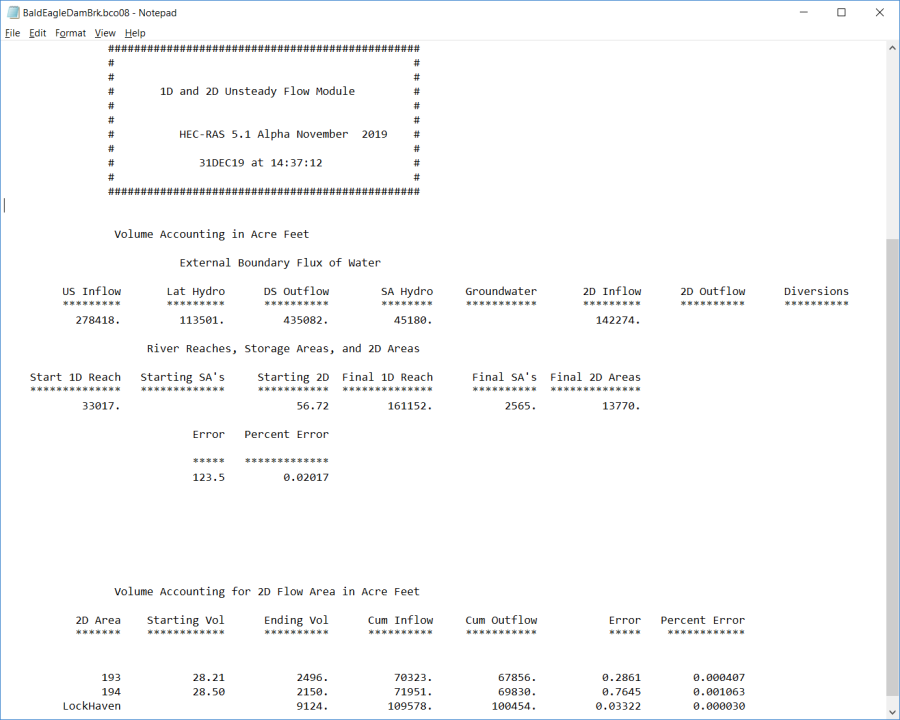 Figure 5-6. Example Computational Log File with Volume Accounting Output.