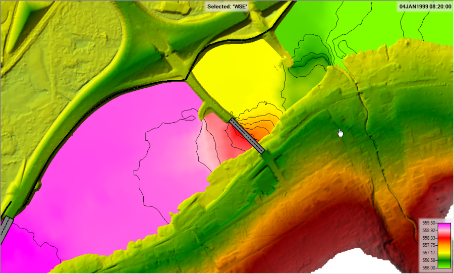 Figure 3-60. Colored Water Surface Elevation Plot with Contours, through a 2D Bridge.