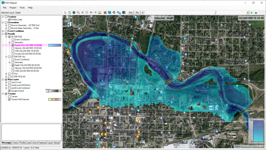 Figure 6-25. RAS Mapper with background Web imagery loaded with an inundation depth grid overlaid.