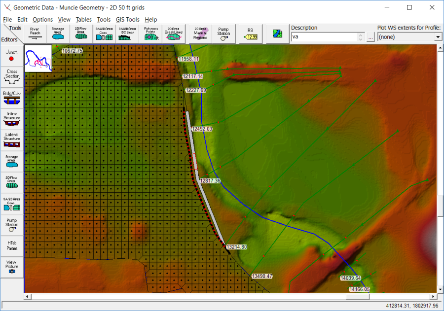 Figure 3-24. Example of a Lateral Structure (levee) hooked up to a 2D flow area.