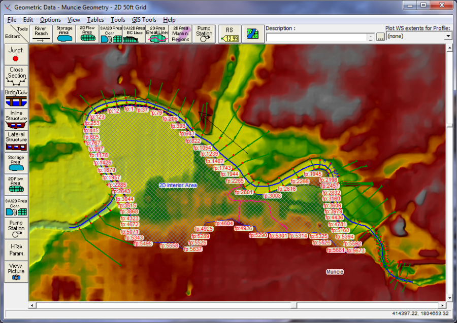 Figure 3-23. HEC-RAS Geometric Editor with the 2D flow area boundary Face Points displayed.