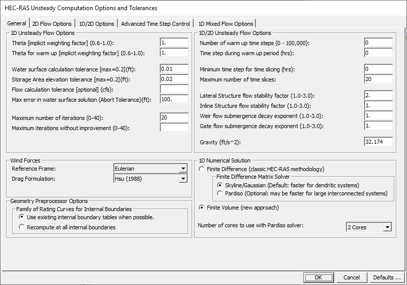 Figure 5-10. General Tab from the Unsteady Flow Analysis Computational Options and Tolerances.