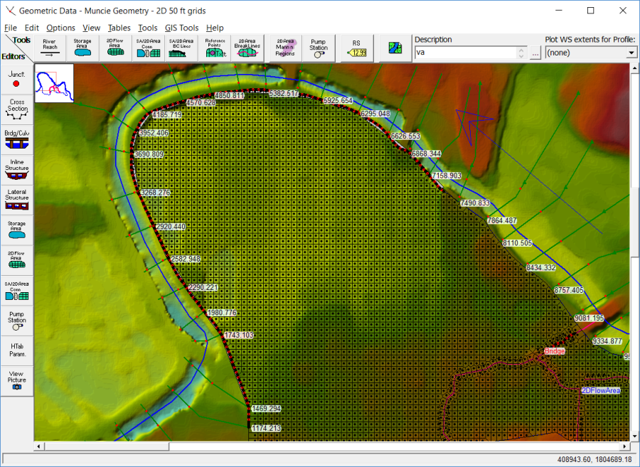 Figure 3-33. HEC-RAS Geometric Editor with downstream Levee (Lateral Structure) highlighted in red.