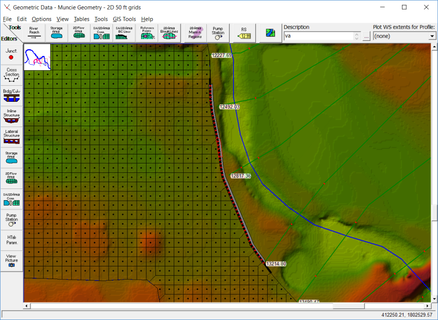 Figure 3-31. HEC-RAS Geometric Editor showing a thick black line for the connection of a Lateral Structure to the 2D flow area Face Points.