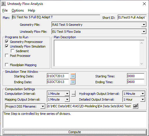 Figure 5-5. Unsteady flow Analysis Window with the new Floodplain Mapping feature. Figure 5-5. Unsteady flow Analysis Window with the new Floodplain Mapping feature.