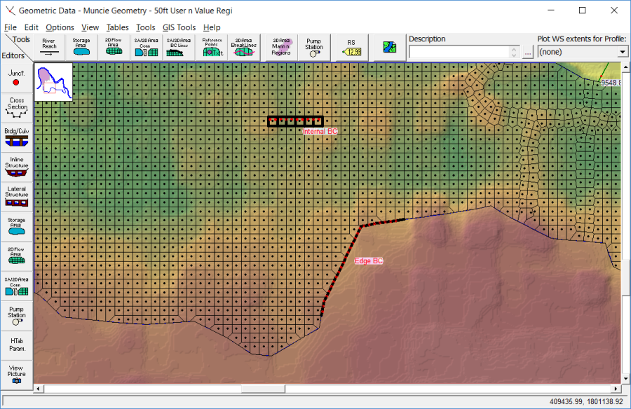 Figure 4-3. Example Internal BC Line for Attaching a Flow Hydrograph inside a 2D Area. Figure 4-3. Example Internal BC Line for Attaching a Flow Hydrograph inside a 2D Area.