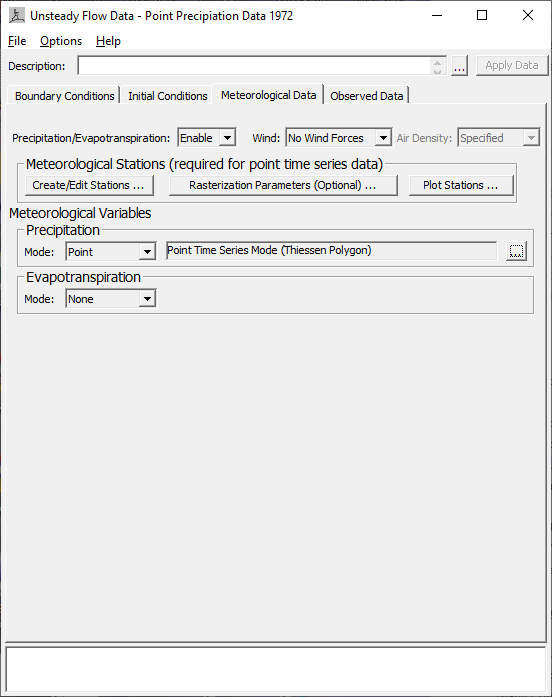 Figure 4-11. Meteorological Data tab with point gage data being used. Figure 4-11. Meteorological Data tab with point gage data being used.