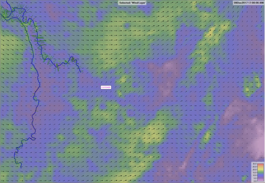 Figure 4-23. Example gridded wind field for 1D and 2D modeling. Figure 4-23. Example gridded wind field for 1D and 2D modeling.