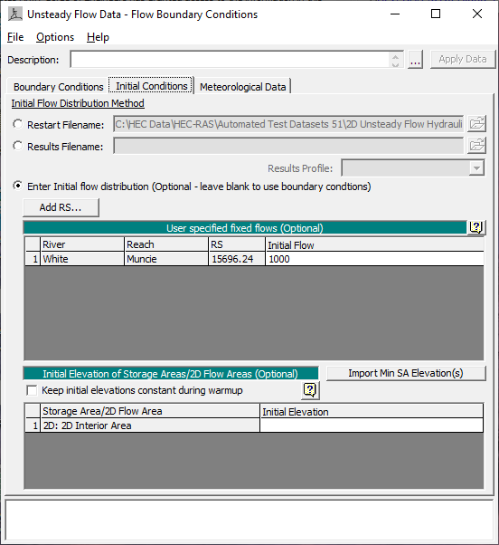 Figure 4-24. Unsteady Flow Data Editor with 2D flow area initial conditions. Figure 4-24. Unsteady Flow Data Editor with 2D flow area initial conditions.