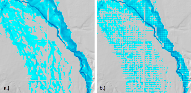 Figure 6-6. Comparison of (a) sloping and (b) horizontal water surface mapping option for inundation depth. Figure 6-6. Comparison of (a) sloping and (b) horizontal water surface mapping option for inundation depth.
