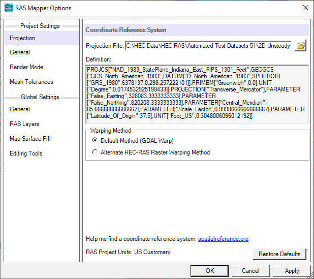 Figure 6-23. Editor to set the RAS project's spatial reference system. Figure 6-23. Editor to set the RAS project's spatial reference system.